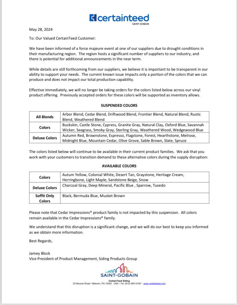 CertainTeed vinyl siding color suspension 2024 due to resin supplier issues.